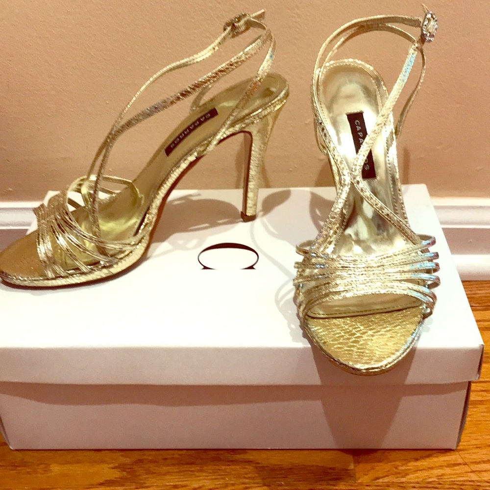 Like new! Gold snake strappy stiletto sandal- 4in